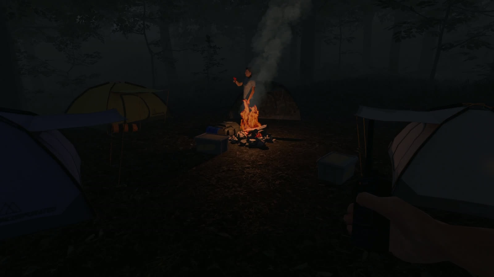 Tents around a campfire at night