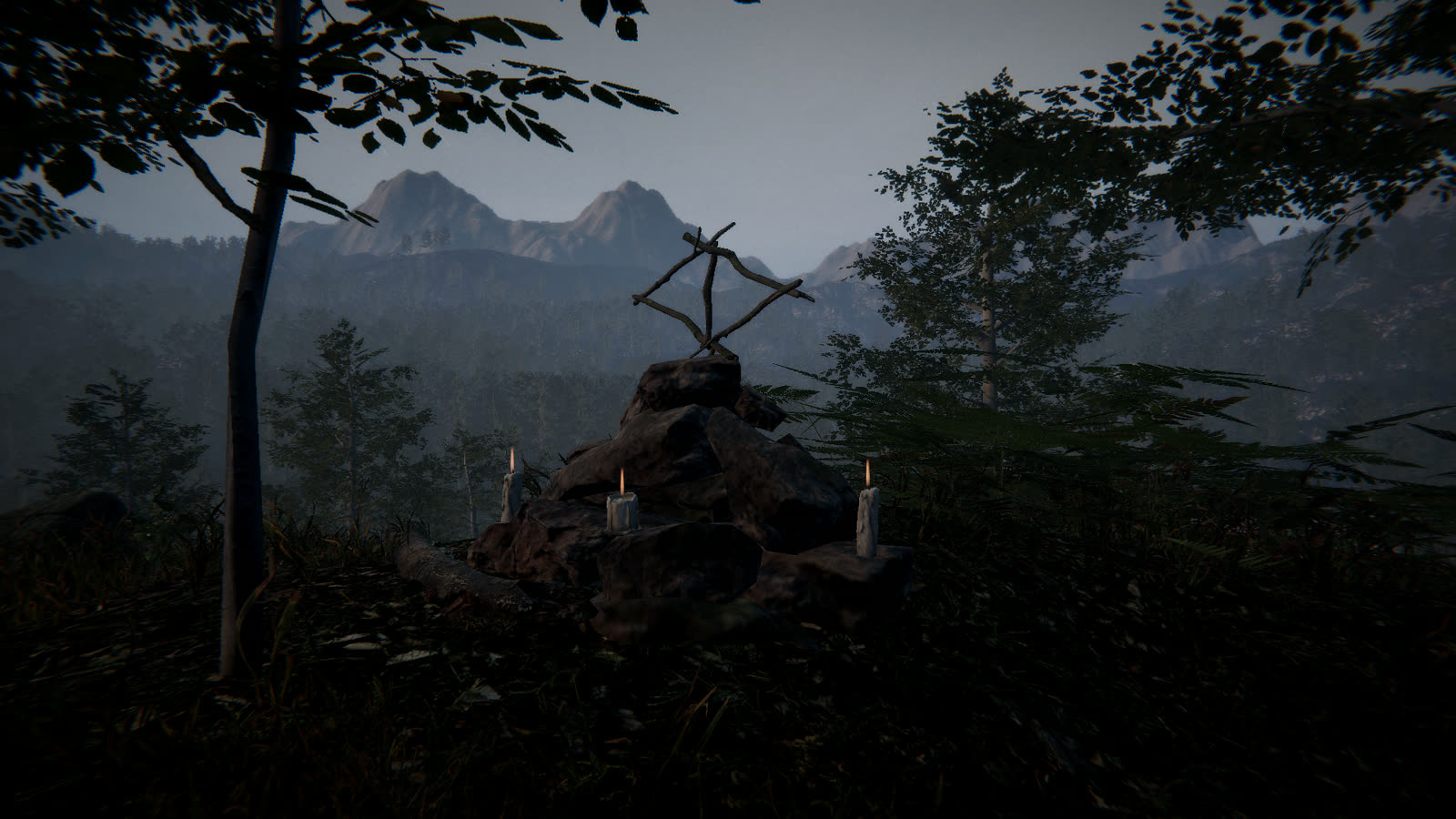 A wooden cross on a stone shrine in the forest