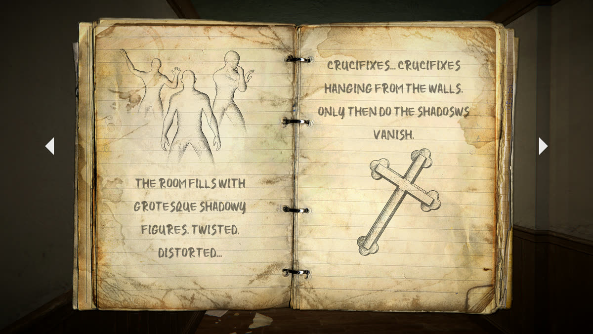 Diary page: crucifixes hanging from the walls make the shadows vanish