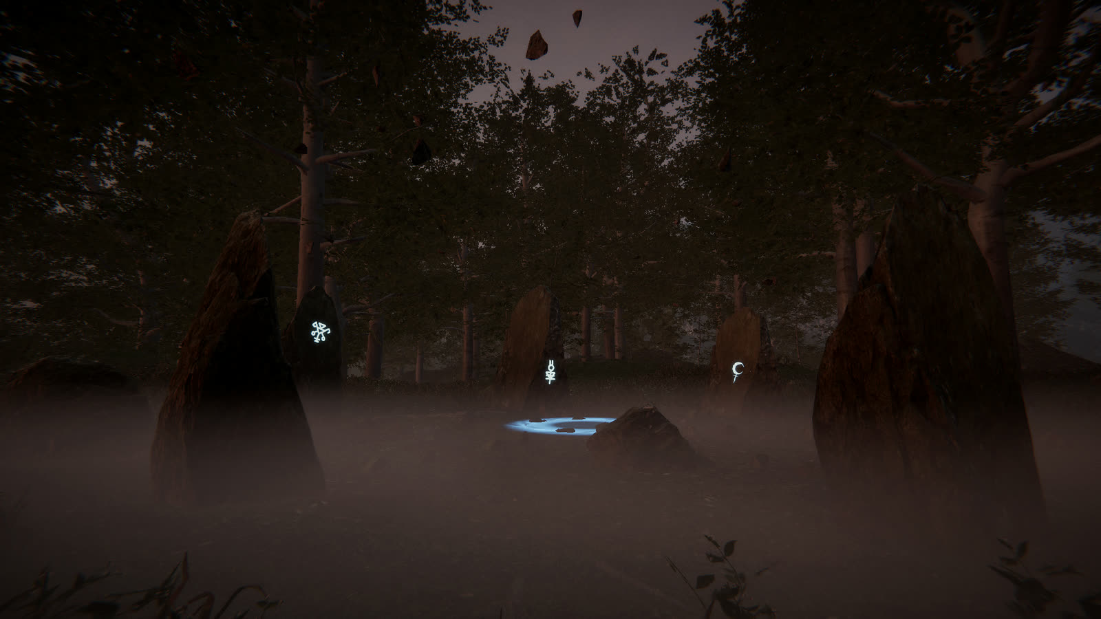Standing stones in the fog with a glowing rune